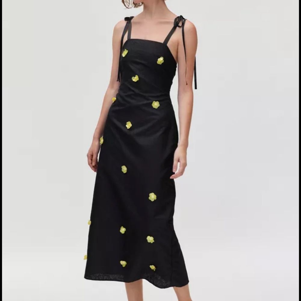 Sister Jane Fanciful Flower Black Jacquard Flower Tie Strap Midi Dress